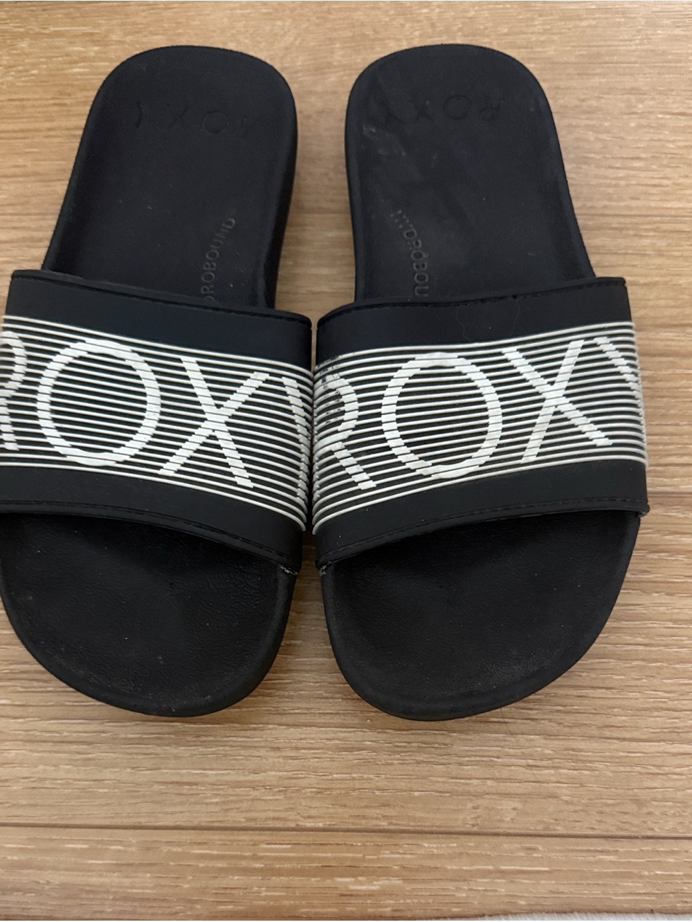 Roxy Black Slide Sandals with White Striped Logo Strap